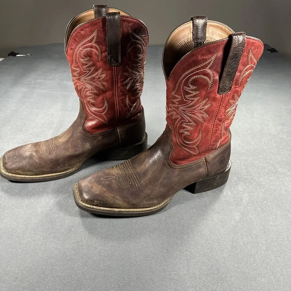 Ariat Sport Pardner Western Cowboy Boots Mens 12 D Brown Red Square Toe 10042391